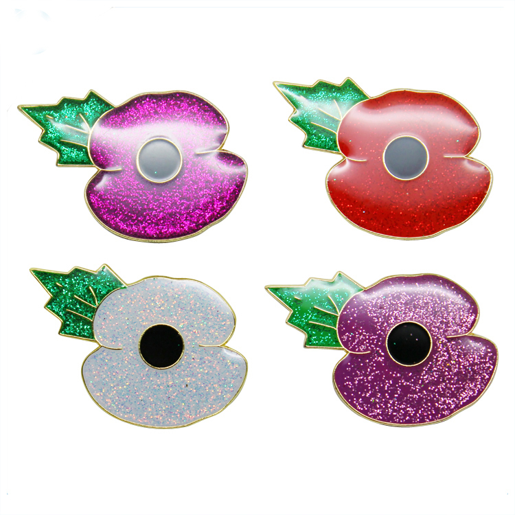 Bunte glitzernde Mohnblumen-Anstecknadel aus Metall mit Epoxidharz